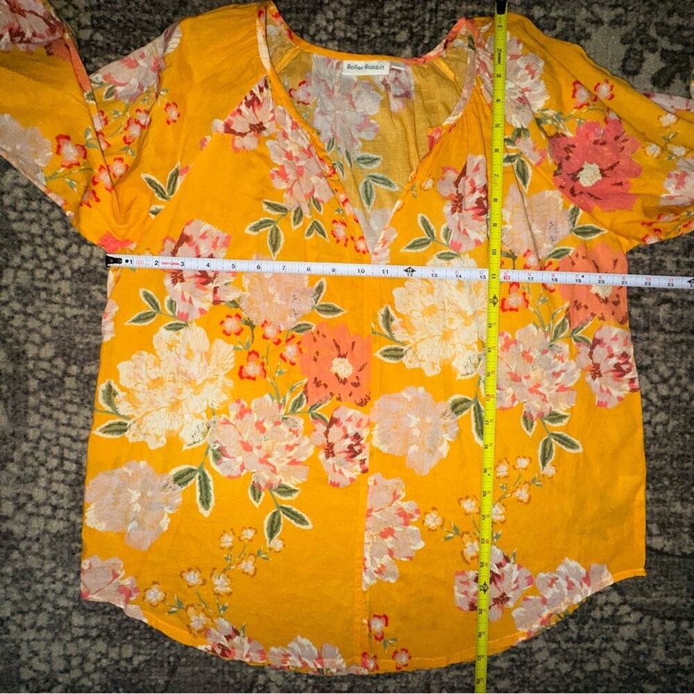 Roller Rabbit Women’s Size L Yellow Floral V-Neck Peasant Blouse Top Shirt - Picture 6 of 7